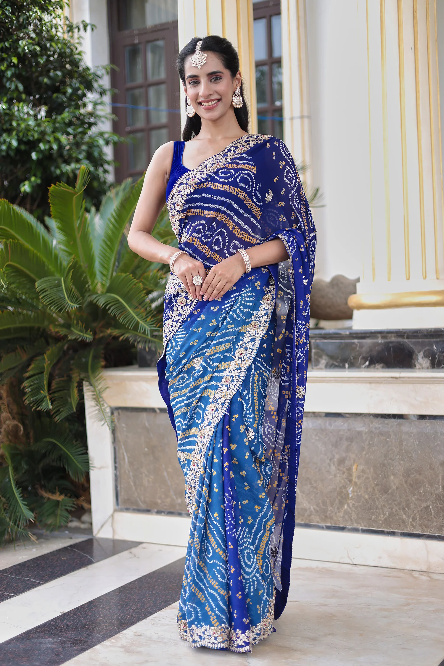Bandhej Georgette Saree with Gota Patti and Thread work - Blue